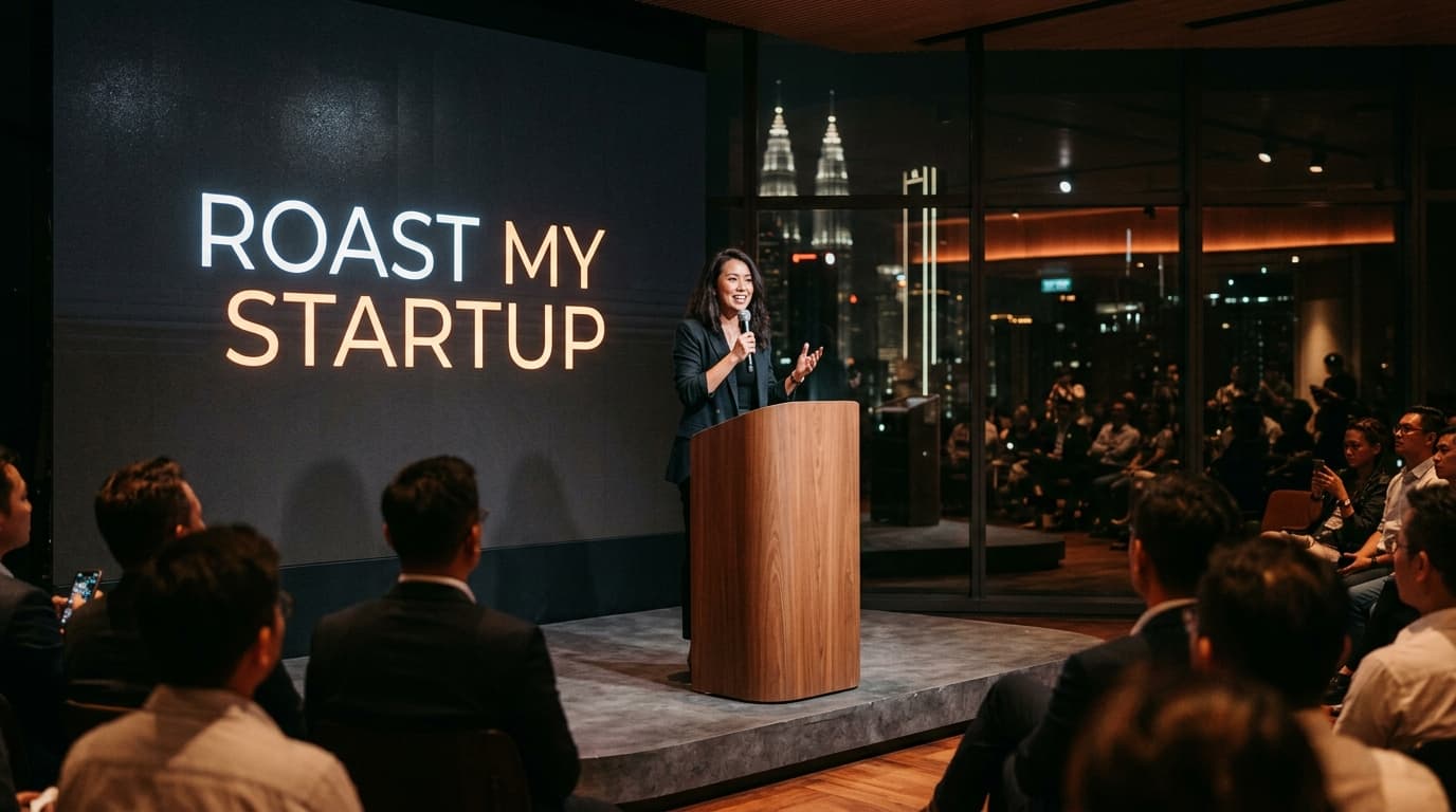 A founder pitching on stage at Roast My Startup, with the Kuala Lumpur skyline behind